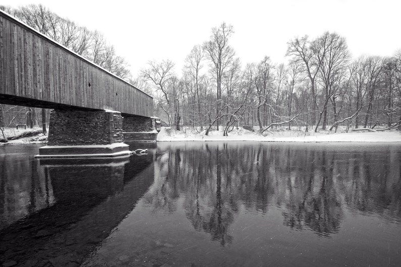 Schofield Ford Covered Bridge in Winter Black and White Photography Snow River Reflection Landscape Photograph Bucks County Pennsylvania image 1