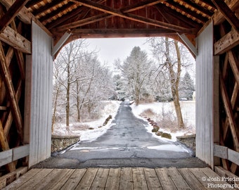 Van Sandt Covered Bridge Interior Winter Photograph Snow Bucks County Landscape Photography Country Road New Hope Red Solebury Wood Historic