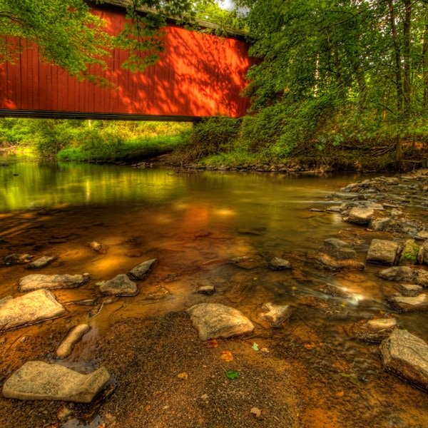 Pine Valley Covered Bridge in Summer, Landscape Photograph, Rustic, Bucks County, Pennsylvania, Cottage Decor, HDR, Art Print, 8X10