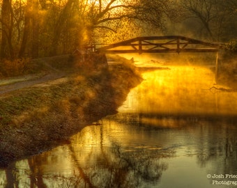 Autumn Sunrise Delaware Canal and Towpath Landscape Photograph Bucks County Pennsylvania Bridge Mist Morning Light New Hope Photography Gold