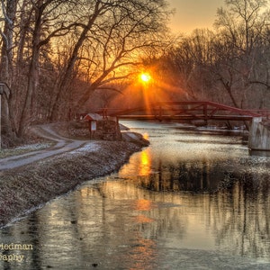 Winter Sunrise Delaware Canal Towpath Landscape Photograph Bucks County Pennsylvania Bridge Sun Snow New Hope Footbridge Washington Crossing image 1