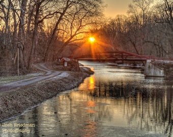 Winter Sunrise Delaware Canal Towpath Landscape Photograph Bucks County Pennsylvania Bridge Sun Snow New Hope Footbridge Washington Crossing