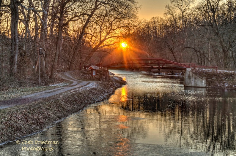 Winter Sunrise Delaware Canal Towpath Landscape Photograph Bucks County Pennsylvania Bridge Sun Snow New Hope Footbridge Washington Crossing image 1