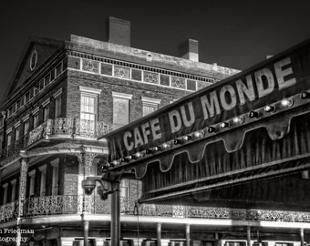 Cafe Du Monde New Orleans Black and White Photograph Photography French Quarter Awning French Market Coffee Stand Decatur Street Louisiana