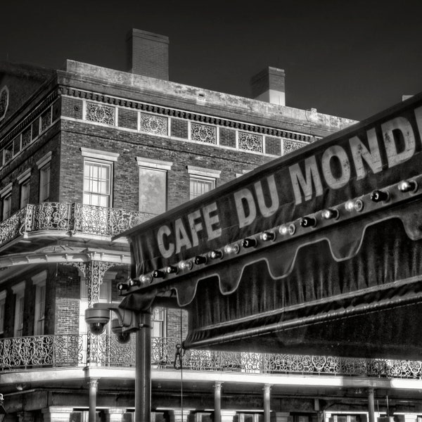 Cafe Du Monde New Orleans Black and White Photograph Photography French Quarter Awning French Market Coffee Stand Decatur Street Louisiana