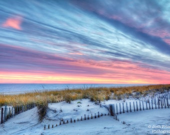 Long Island Beach Sunset Photograph The Hamptons New York Sand Dunes Grass Atlantic Ocean Landscape Photography Blue Pink Sky Fence