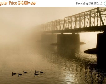 Brücke im Morgennebel, Landschaftsfotografie, New Hope-Lambertville Bridge, Bucks County, Gänse, Monochrom, Friedlich, Wandkunst, Wohnkultur