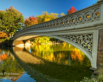 Bow Bridge in Autumn Central Park New York City Landscape Photograph Fall Foliage Autumn Color Manhattan Reflection NYC Photography Print