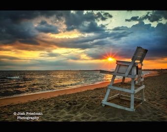 Lewes Beach Sunrise Photograph Lifeguard Chair Clouds Lewes Delaware Morning Photography Summer Delaware Bay Atlantic Ocean Print Sunburst