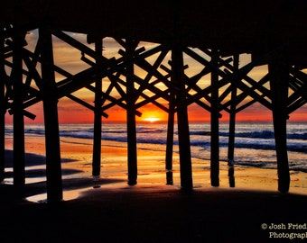 Myrtle Beach Sunrise Apache Pier Photograph South Carolina Atlantic Ocean Waves Wooden Fishing Pier Pilings Beach Photography Orange Sky