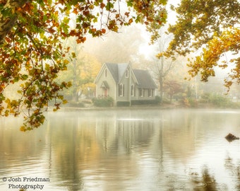 Lake Afton Old Library Autumn Fog Photograph Fall Foliage Bucks County Landscape Photography Mist Color Reflection Gothic Architecture Print