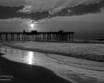 Sunrise at the New Jersey Shore, Black and White Photograph, Margate Pier, Beach Decor, Ocean, Summer Morning, Landscape, Sky, Art Print