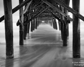 North Myrtle Beach Cherry Grove Fishing Pier Black and White Photograph South Carolina Photography Atlantic Ocean Ethereal Zen Moving Water