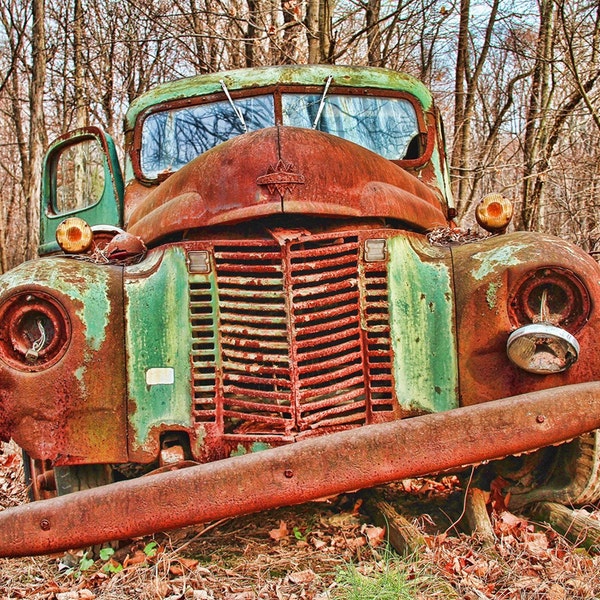 Rusty Old Green Truck in Autumn Color Photograph Vintage Car HDR Photograph Brown Green Rust Art Print Shabby Chic Home Decor