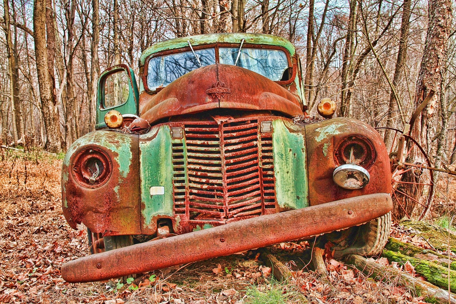 Rusty Old Green Truck in Autumn Color Photograph Vintage Car HDR