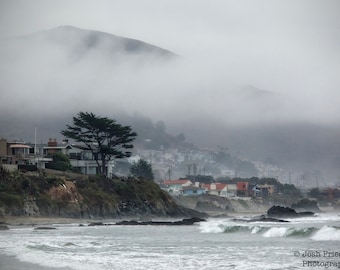 Cayucos Beach California Fog Photograph Waves Cypress Tree Pacific Ocean Mountain Houses San Luis Obispo Scenic Coast Photography Morning