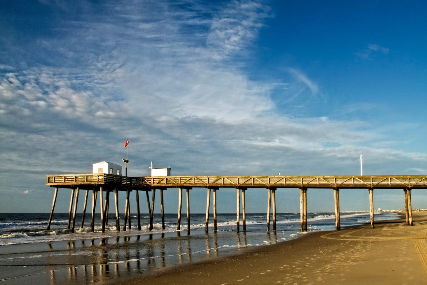 Ocean City Pier, Beach Decor, Landscape Photograph, New Jersey Shore, Summer, Sand, Morning Light, Color Photo, HDR, Art Print, Blue Sky