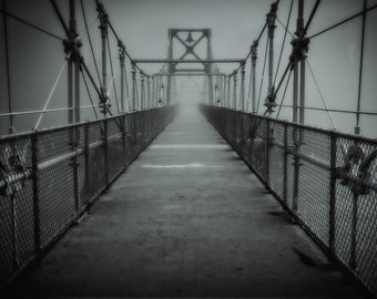 Lumberville Ravenrock Bridge in Fog Black and White Photograph Foot Bridge Bucks County Pennsylvania Photography Monochrome Tower Cables