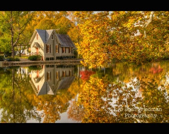 Lake Afton and Old Library Autumn Landscape Photograph Reflection Fall Foliage Yardley Bucks County Pennsylvania Photography Trees Print