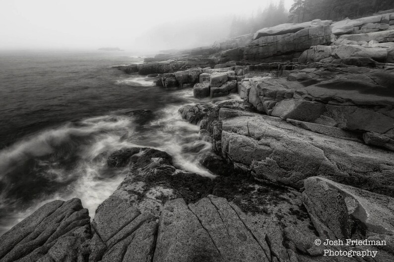 Bar Harbor Fog Rocky Coast Monochrome Art Maine Atlantic Ocean Black and White Photography Acadia National Park Landscape Photograph