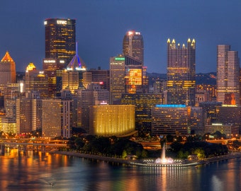 Pittsburgh Skyline at Twilight, The Point, Color Photograph, Urban Landscape, West End Overlook, Dusk, Blue, Night, Pennsylvania Photography