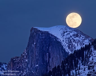 Yosemite National Park Half Dome Moon Photograph Snow Winter Nature Photography Moonrise Granite Cliff Yosemite Valley Print California USA