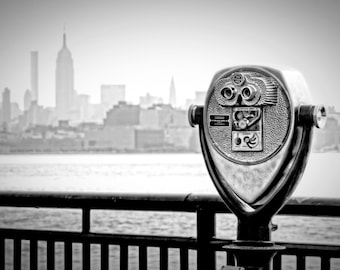 Binoculars with Manhattan Skyline, New York City Photograph, Black and White, Retro, Empire State Building, Gray, Monochrome Art Print