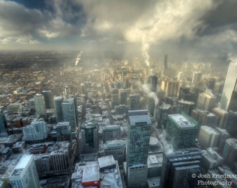 Toronto Rooftops in Winter, View from CN Tower, Fine Art Photograph, Ontario, Canada, Blue Sky, Clouds, Color Photography, City, Home Decor