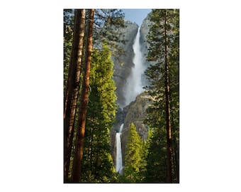 Obere und untere Yosemite Falls, Landschaftsfotografie, Wasserfall, grün, Frühling, Yosemite-Nationalpark, Wandkunst, Dekoration