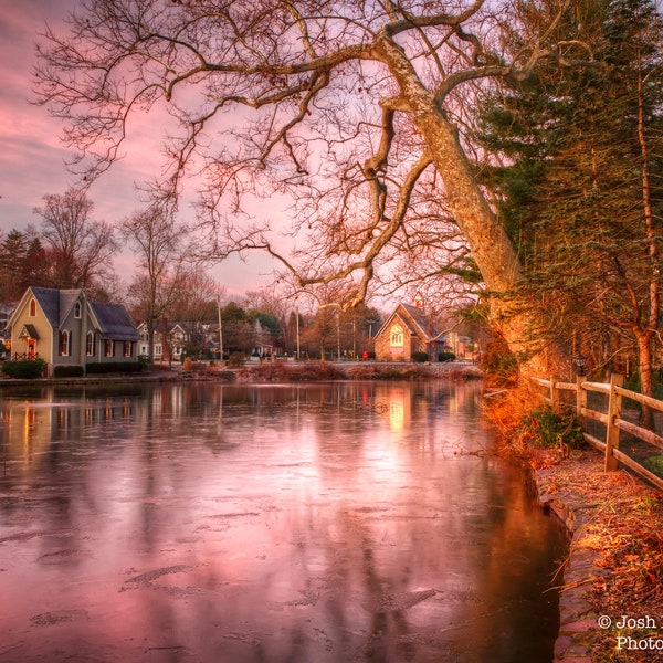 Lake Afton and Old Library with Pink Morning Sky Landscape Photograph Bucks County Yardley Pennsylvania Photograph Frozen St. Andrews Church
