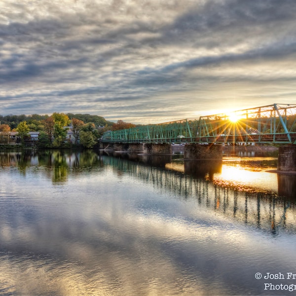 New Hope Lambertville Bridge, Sunrise, Fall Foliage, Landscape Photograph, Bucks County, Reflection, Delaware River, Autumn, Reflection, Art