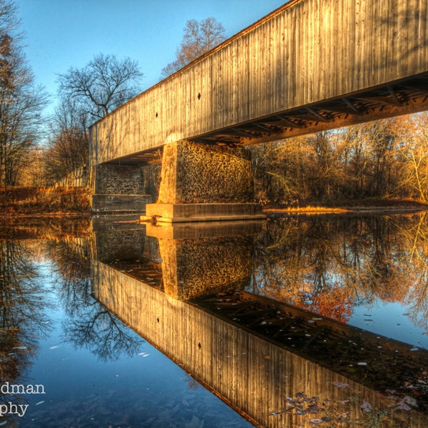 Covered Bridge Photograph Schofield Ford Covered Bridge Landscape Photography Reflection Bucks County Pennsylvania Autumn Tyler State Park