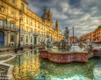 Piazza Navona Rome Italië Foto Paleis Palazzo Pamphilj Reisfotografie Fontein Fontana del Moro Ochtendlicht afdrukken