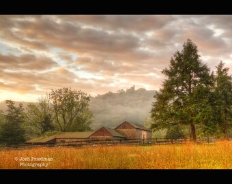 Bucks County Landscape Photograph, Bowmans Hill Tower Print, Thompson Neely Farmstead, New Hope, Pennsylvania, Fog, Rolling Hills, Wall Art