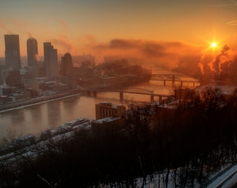 Pittsburgh Sunrise Photograph, Winter Morning, Bridges, Orange, View From Mount Washington, Sun, Art Print, River, Pittsburgh Skyline, City