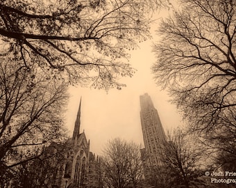 University of Pittsburgh Photograph, Winter Sky Over Pitt, Sepia Photography, Cathedral of Learning, Heinz Chapel, Pennsylvania, Alumni Gift