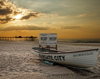 Margate Sunrise New Jersey Shore Landscape Photograph Beach Margate Boat Ocean Fishing Pier Morning Photography Gold Orange Summer Print