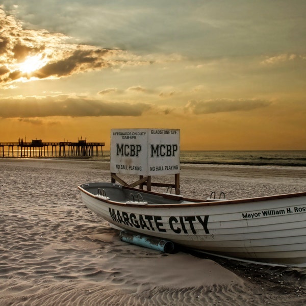 Margate Sunrise New Jersey Shore Landscape Photograph Beach Margate Boat Ocean Fishing Pier Morning Photography Gold Orange Summer Print