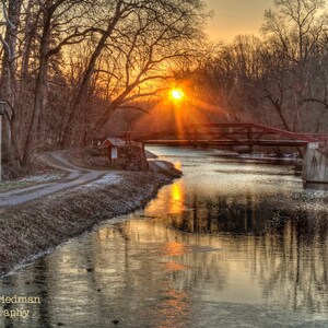 Winter Sunrise Delaware Canal Towpath Landscape Photograph Bucks County Pennsylvania Bridge Sun Snow New Hope Footbridge Washington Crossing image 2