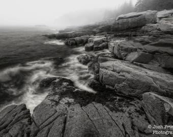 Acadia National Park Landscape Photograph, Maine, Rocky Coast, Black and White Photography, Fog, Atlantic Ocean, Bar Harbor, Monochrome Art