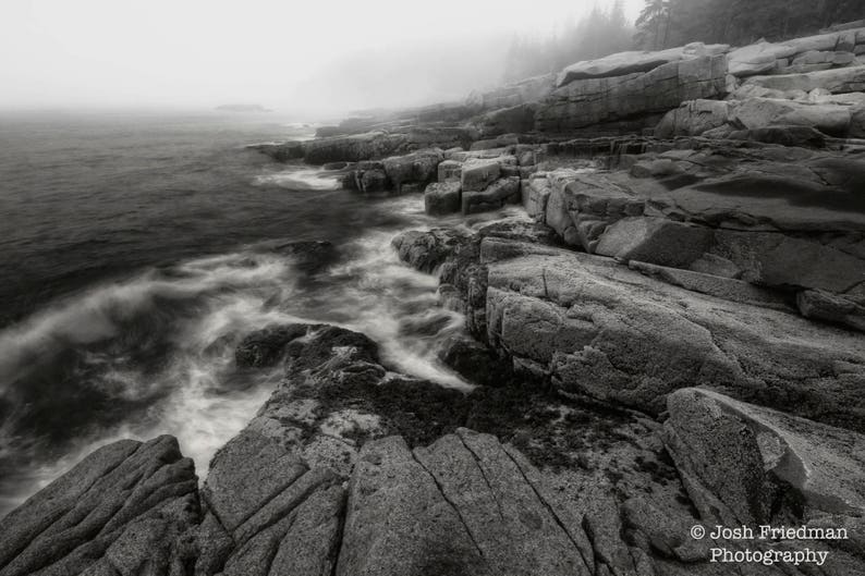 Bar Harbor Fog Rocky Coast Monochrome Art Maine Atlantic Ocean Black and White Photography Acadia National Park Landscape Photograph