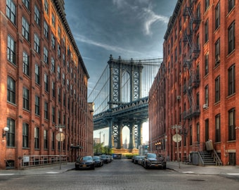 Manhattan Bridge Photograph, New York City, Empire State Building, DUMBO, Brooklyn, Art Print, NYC Photography, HDR, Washington Street