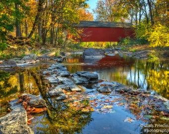 Cabin Run Covered Bridge, Landscape Photograph, Bucks County, Autumn, Fall Foliage, Reflection, Trees, Creek, Wall Art, Pennsylvania, Print