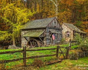 Cuttalossa Mill with Fall Foliage and Fence Landscape Photograph Autumn Farm Bucks County Pennsylvania Photography American Flag Trees