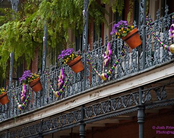 French Quarter Balcony with Flower Pots, New Orleans Photograph, Purple Flowers, Fleur de Lis, NOLA, Mardi Gras, New Orleans Architecture