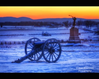Gettysburg National Military Park Winter Sunset Photograph Snow Cannon Cemetery Ridge Battlefield  Pennsylvania Civil War The Angle