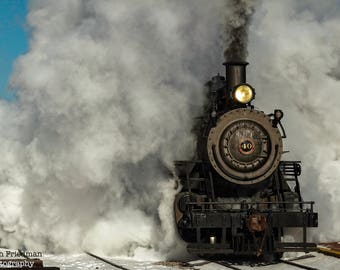 Steam Engine Photograph, New Hope and Ivyland Railroad, Train Photography, Vintage Locomotive, Bucks County, Pennsylvania, Smoke, Front