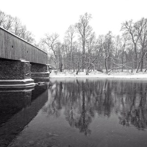 Schofield Ford Covered Bridge in Winter Black and White Photography Snow River Reflection Landscape Photograph Bucks County Pennsylvania image 2