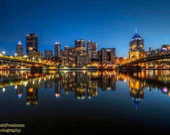 Pittsburgh Skyline and Reflection Photograph Night Andy Warhol Bridge Roberto Clemente Bridge Photography Allegheny River Pennsylvania