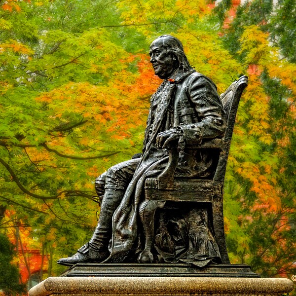 University of Pennsylvania Ben Franklin Statue Photograph Autumn Fall Foliage Ivy League College Campus Photography Penn Philadelphia Alumni